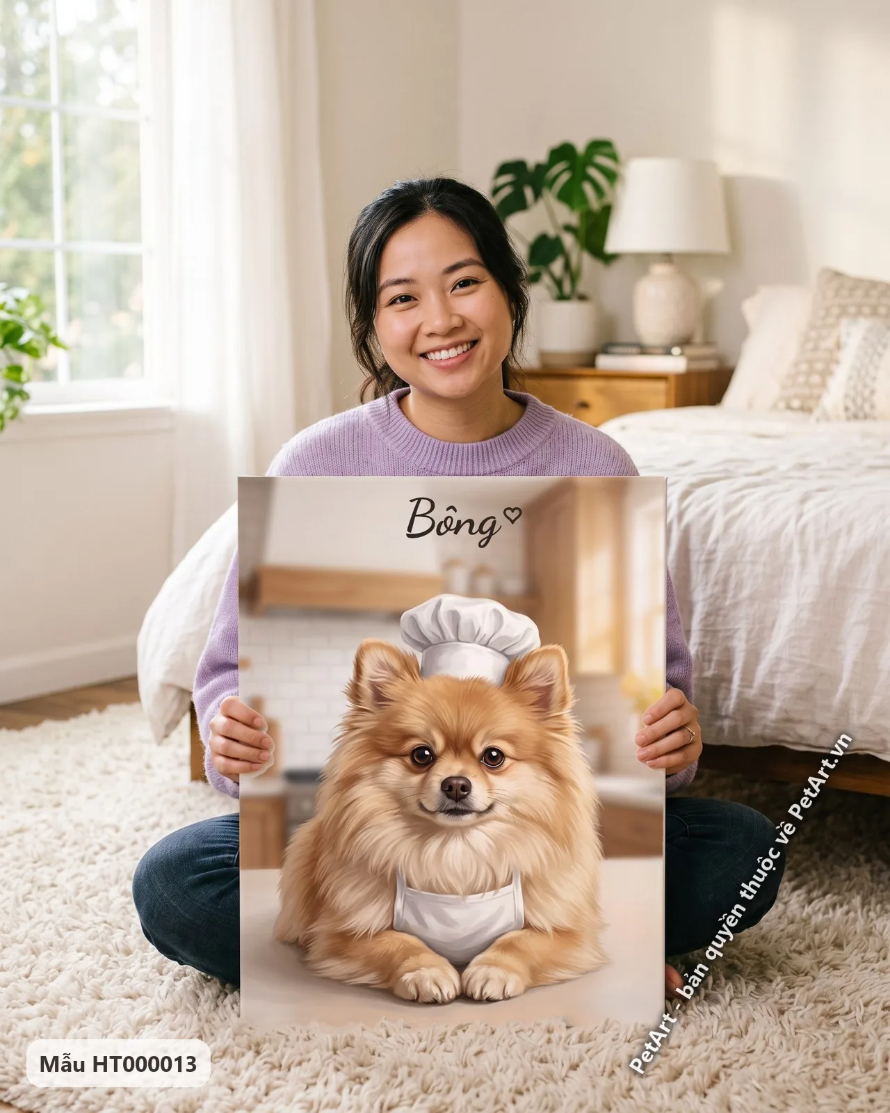 Ảnh thực tế: Chú chó Phốc sóc đáng yêu đội mũ và tạp dề đầu bếp, ngồi trên bàn bếp gỗ sáng màu.