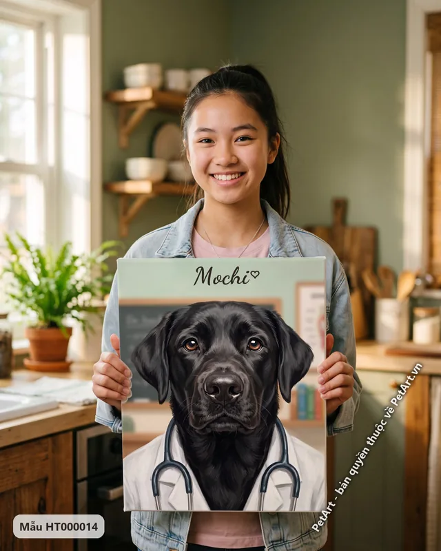 Chó Labrador đen làm bác sĩ, đeo ống nghe · góc khác
