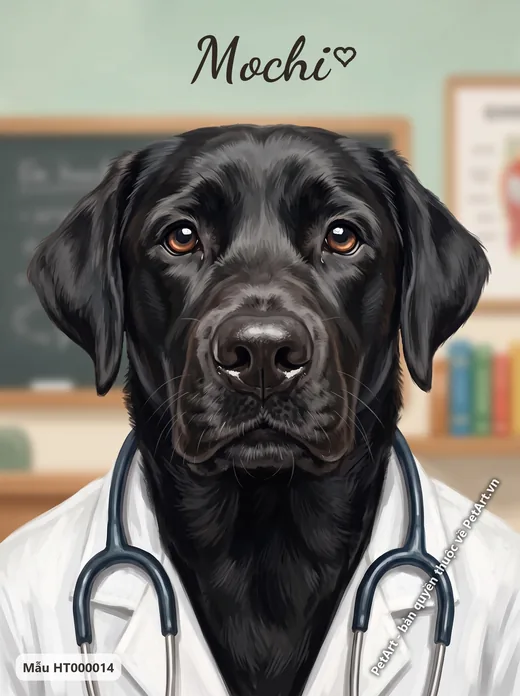 Chó Labrador đen làm bác sĩ, đeo ống nghe · ảnh tranh