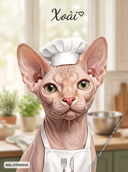Mèo không lông làm đầu bếp đội mũ trắng · ảnh tranh
