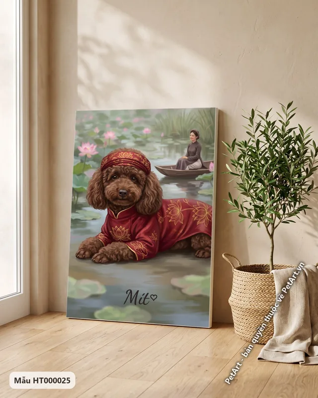 Chó Poodle nâu mặc áo dài · góc khác