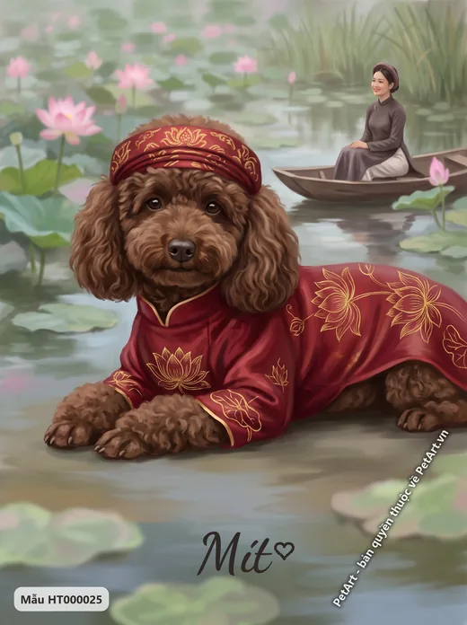 Chó Poodle nâu mặc áo dài · ảnh tranh