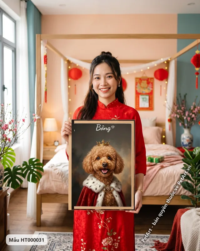 Chó Poodle hoàng gia đội vương miện, áo choàng đỏ · ảnh thực tế