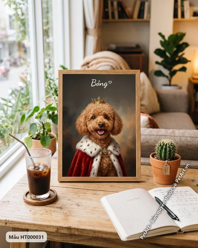 Chó Poodle hoàng gia đội vương miện, áo choàng đỏ · góc khác