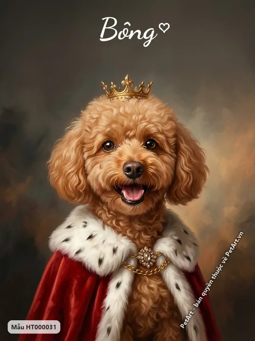 Chó Poodle hoàng gia đội vương miện, áo choàng đỏ · ảnh tranh