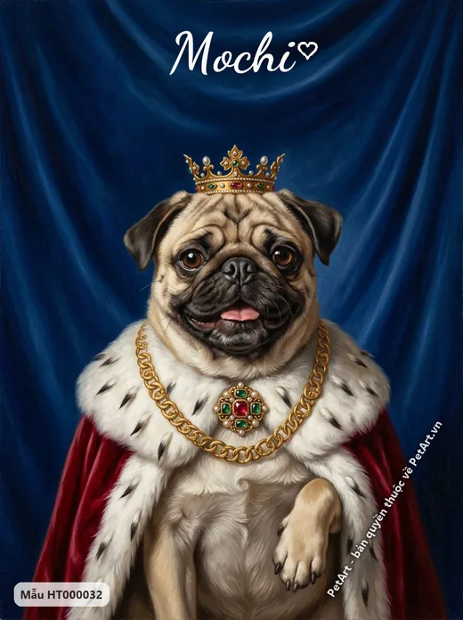 Chó Pug hoàng gia đội vương miện, áo choàng đỏ · ảnh tranh