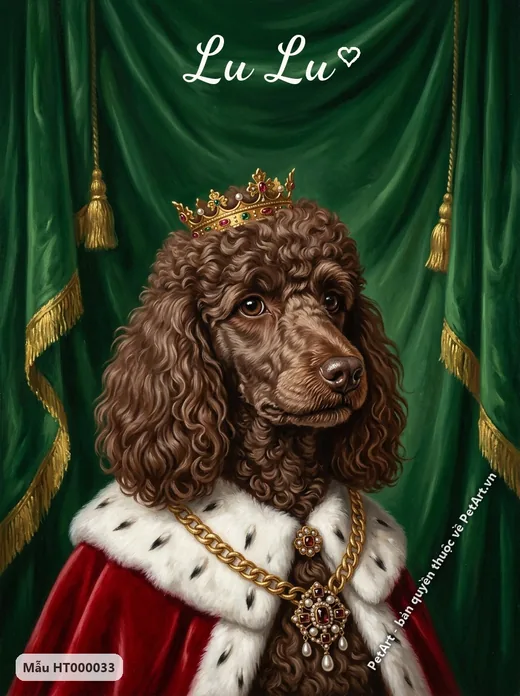 Chó Poodle nâu hoàng gia đội vương miện, áo choàng · ảnh tranh