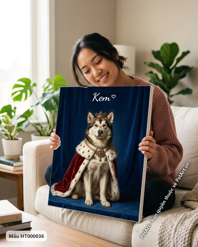 Chó Alaska hoàng gia đội vương miện, áo choàng đỏ · góc khác