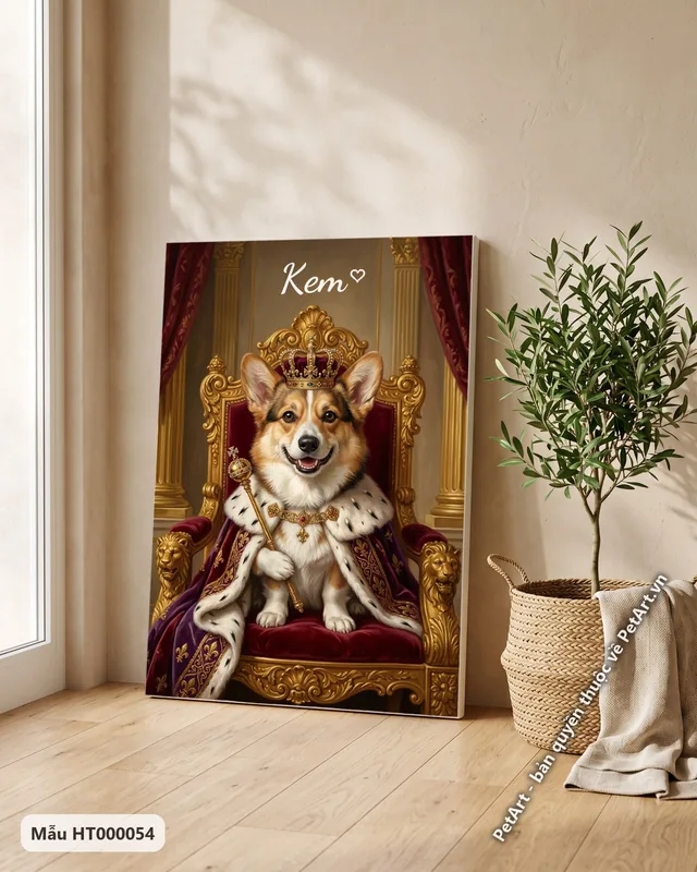 Chó Corgi vua, ngai vàng, áo choàng tím · ảnh thực tế