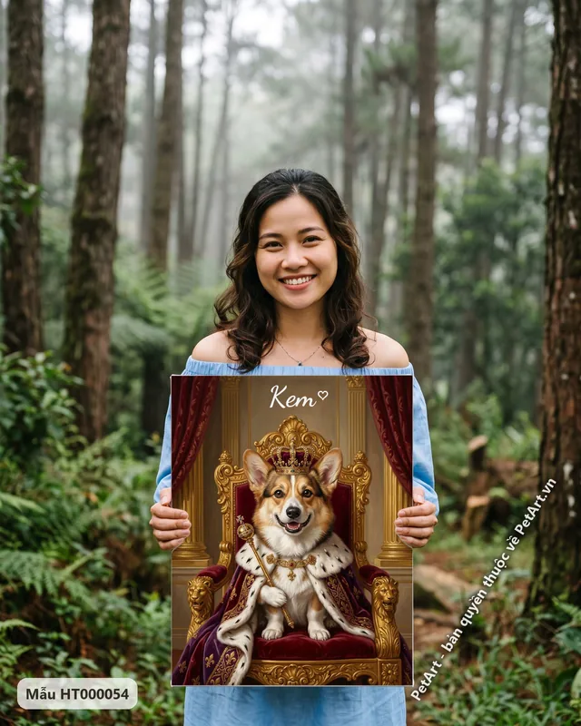 Chó Corgi vua, ngai vàng, áo choàng tím · góc khác