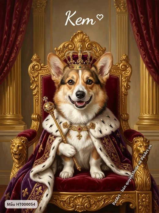 Chó Corgi vua, ngai vàng, áo choàng tím · ảnh tranh