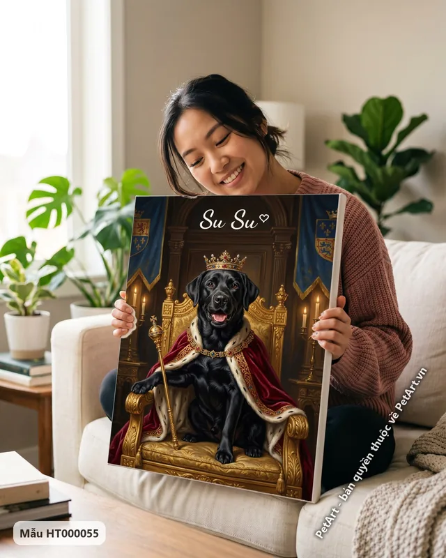 Chó Labrador đen vua, ngai vàng, áo choàng đỏ · ảnh thực tế