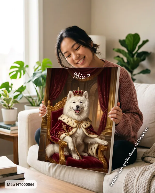 Chó Samoyed vương giả, ngai vàng lộng lẫy, quyền trượng · góc khác