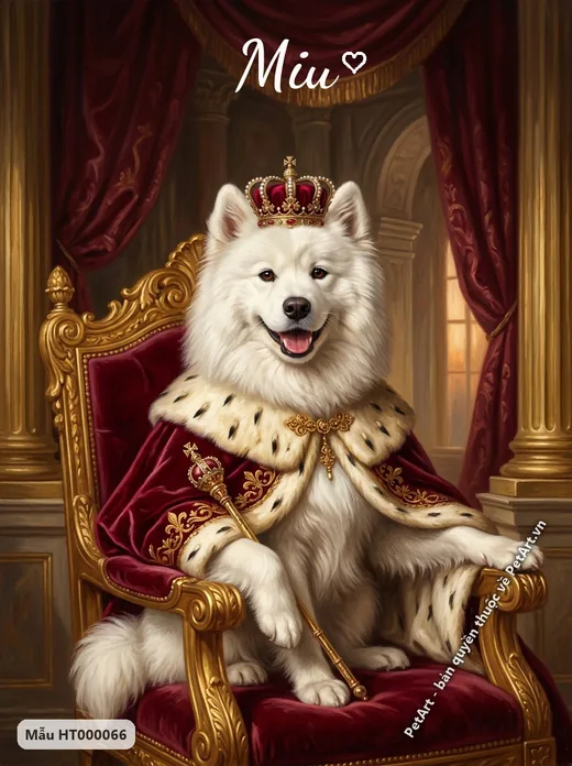 Chó Samoyed vương giả, ngai vàng lộng lẫy, quyền trượng · ảnh tranh