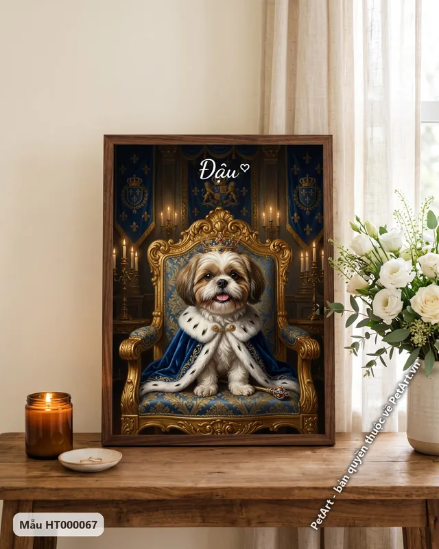 Chó Shih Tzu hoàng gia, ngai vàng xanh, nến lung linh · góc khác