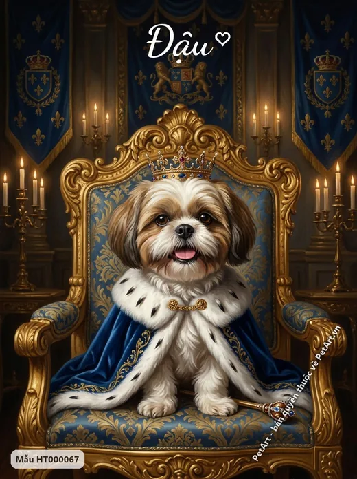 Chó Shih Tzu hoàng gia, ngai vàng xanh, nến lung linh · ảnh tranh