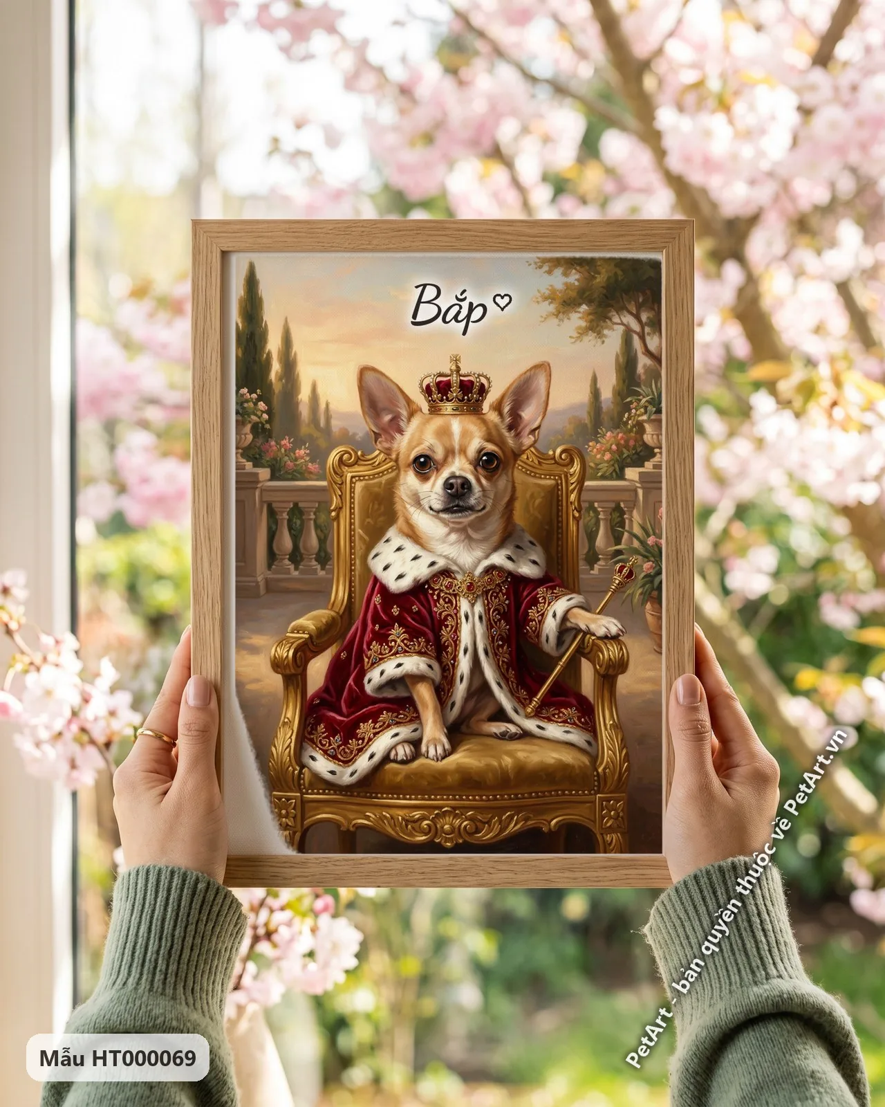Ảnh thực tế: Chú chó Chihuahua vàng nhạt đội vương miện, khoác áo choàng đỏ thẫm, ngồi trên ngai vàng vàng, tay cầm quyền trượng giữa vườn cung điện.