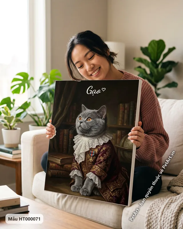 Mèo Anh lông ngắn quý tộc, áo choàng tím, thư viện · ảnh thực tế