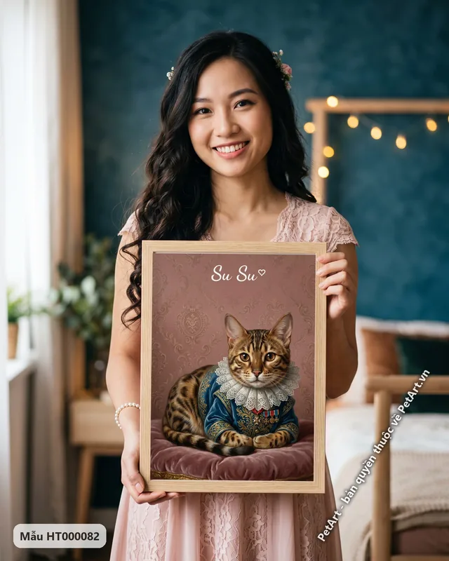 Mèo Bengal quý tộc châu Âu áo xanh ngồi · góc khác