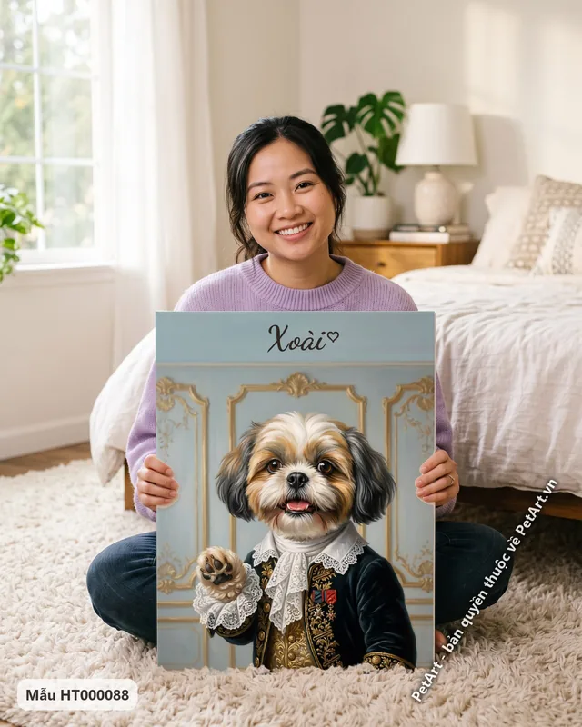 Chó Shih Tzu quý tộc châu Âu, áo nhung xanh, nền vàng · góc khác