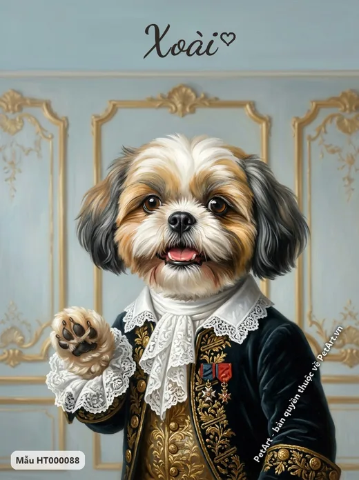Chó Shih Tzu quý tộc châu Âu, áo nhung xanh, nền vàng · ảnh tranh