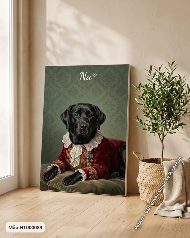 Chó Labrador đen quý tộc, áo nhung đỏ, nền xanh · góc khác