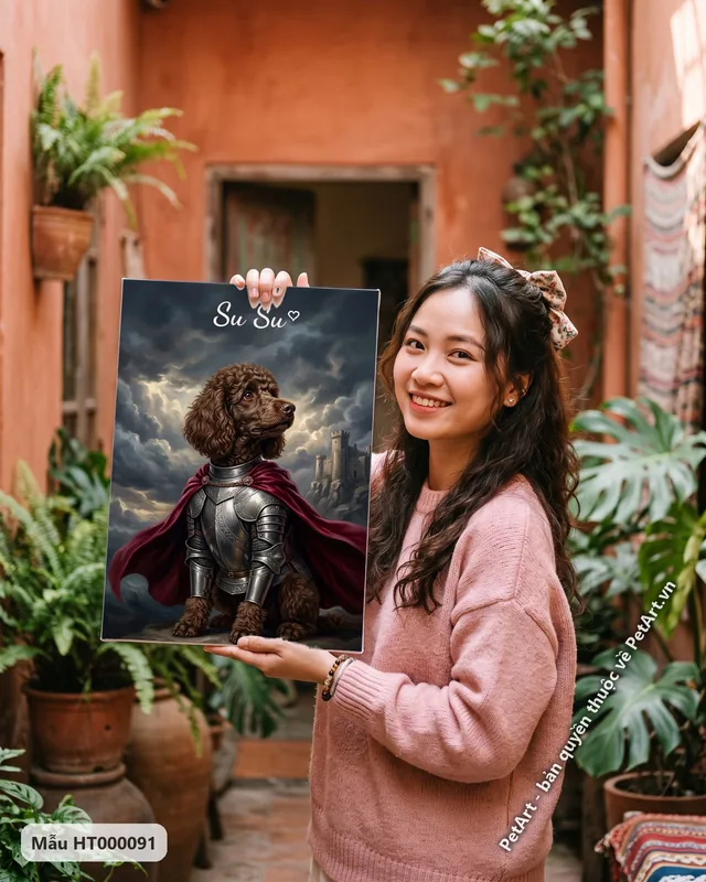 Chó Poodle nâu hiệp sĩ, áo giáp bạc, nền lâu đài · ảnh thực tế
