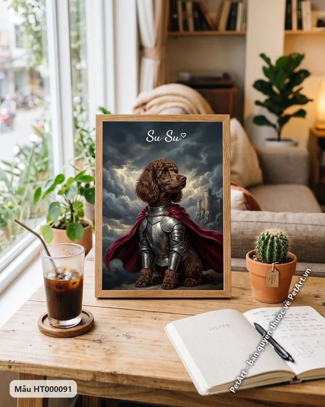Chó Poodle nâu hiệp sĩ, áo giáp bạc, nền lâu đài · góc khác