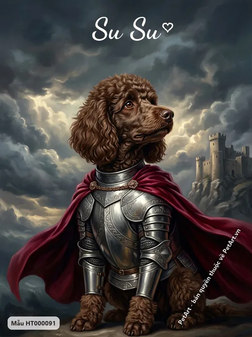 Chó Poodle nâu hiệp sĩ, áo giáp bạc, nền lâu đài · ảnh tranh