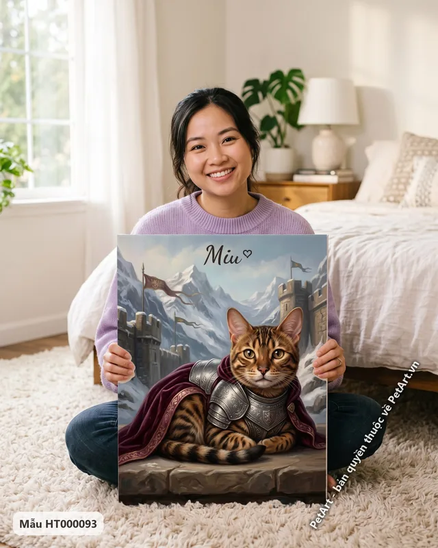 Mèo Bengal hiệp sĩ, áo giáp bạc, nền núi tuyết · ảnh thực tế