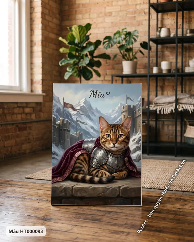 Mèo Bengal hiệp sĩ, áo giáp bạc, nền núi tuyết · góc khác