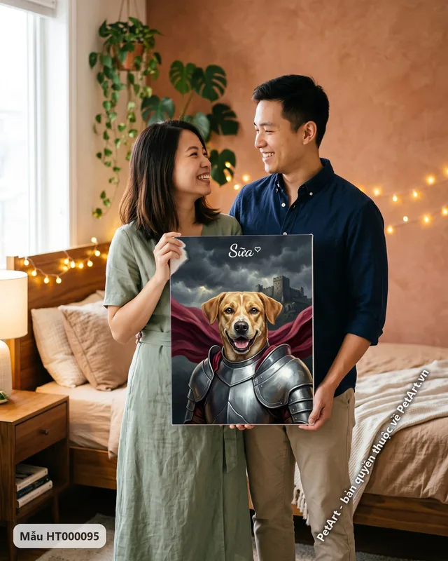 Chó ta vàng hiệp sĩ, áo giáp bạc, nền lâu đài · ảnh thực tế