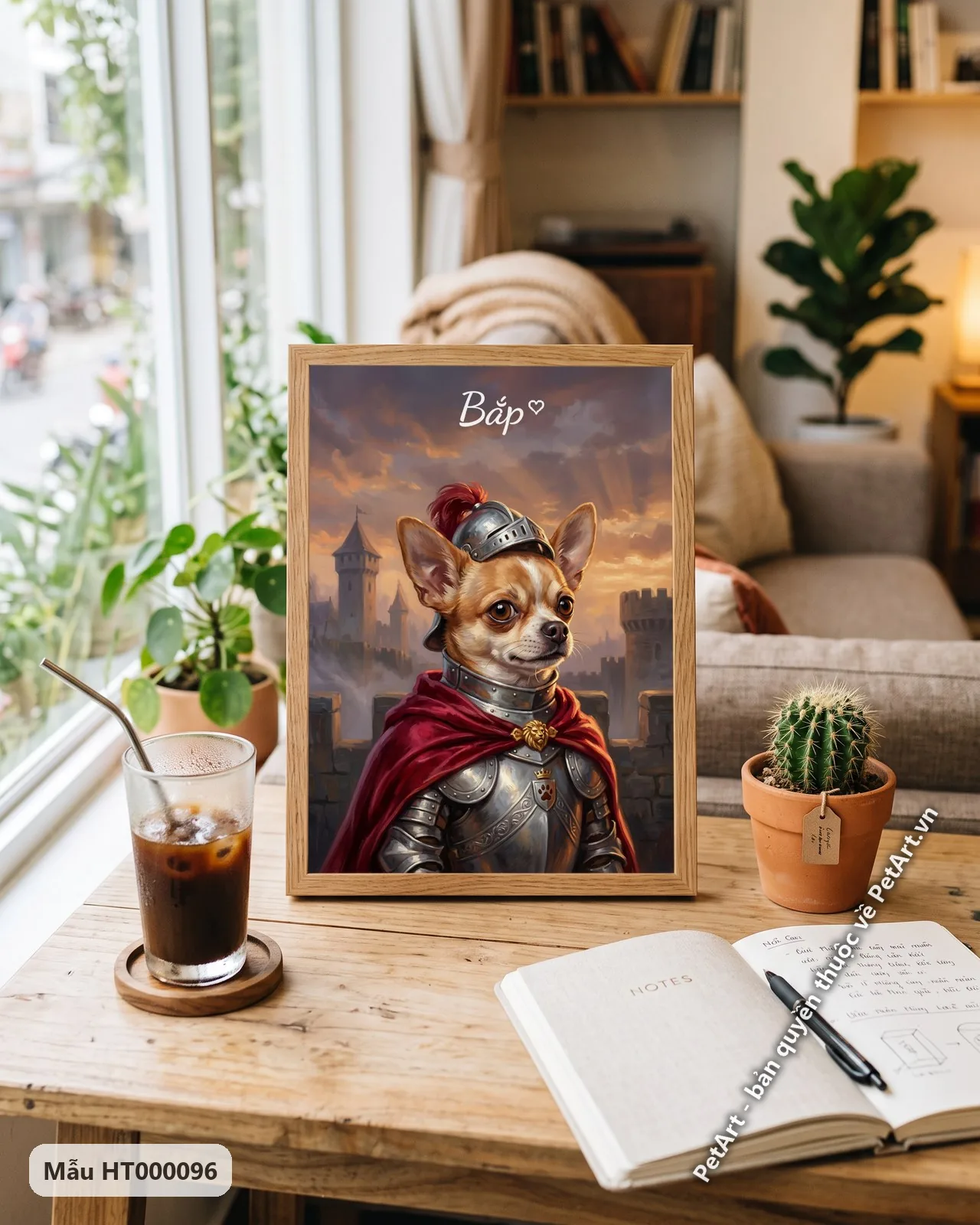 Ảnh thực tế: Chú chó Chihuahua dũng mãnh trong bộ giáp bạc, áo choàng đỏ, đứng trên tường thành cổ dưới ánh hoàng hôn rực rỡ.