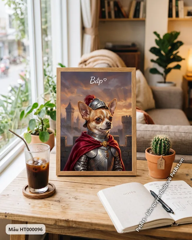 Chihuahua hiệp sĩ, áo giáp đỏ, hoàng hôn thành cổ · ảnh thực tế
