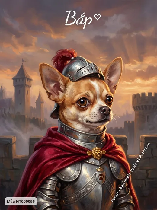 Chihuahua hiệp sĩ, áo giáp đỏ, hoàng hôn thành cổ · ảnh tranh