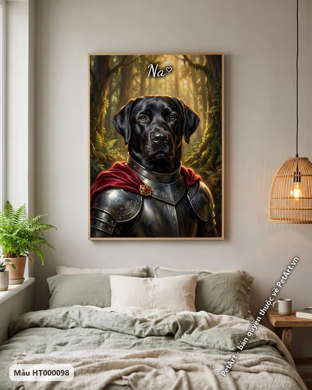 Labrador đen hiệp sĩ, giáp bạc, rừng xanh · ảnh thực tế