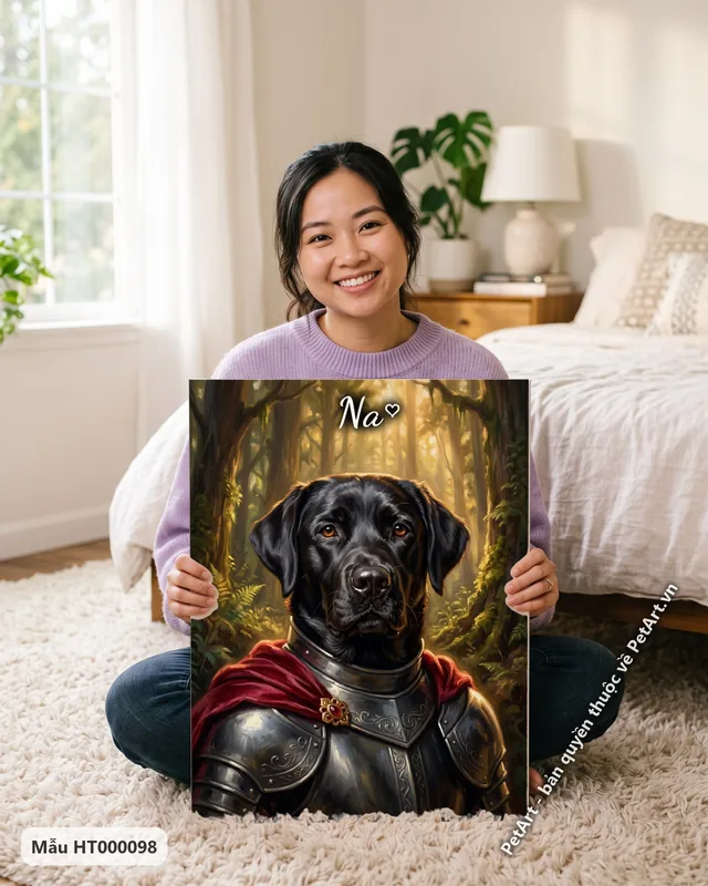 Labrador đen hiệp sĩ, giáp bạc, rừng xanh · góc khác