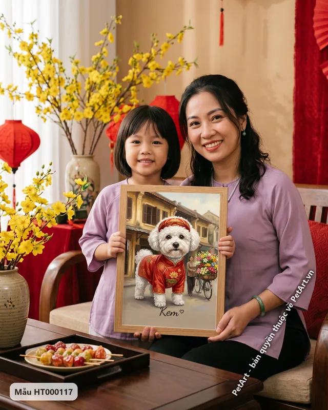 Tranh chó mèo mặc áo dài Việt Nam · Bichon
