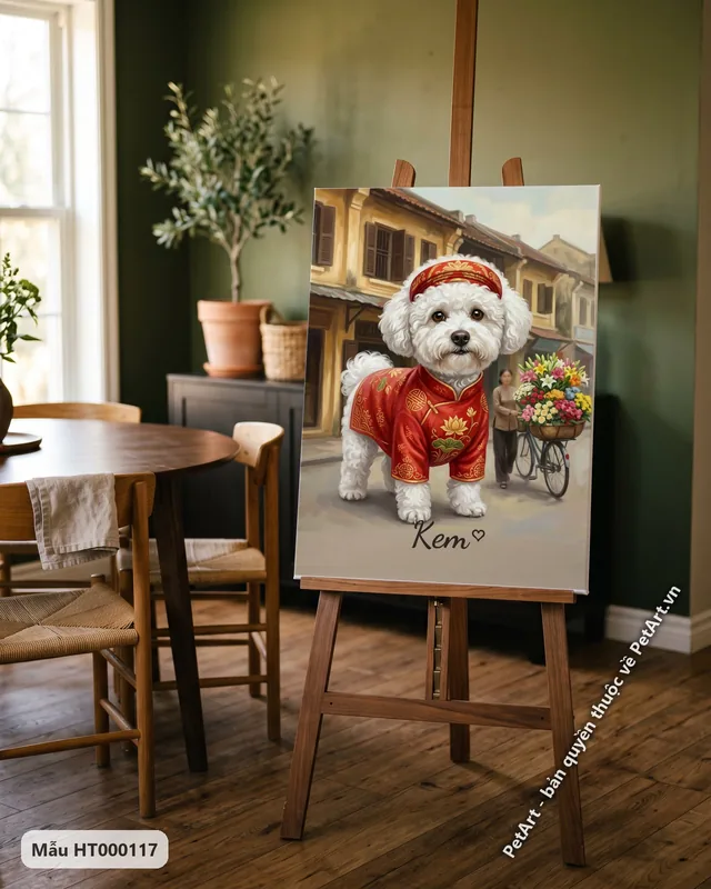 Chó Bichon trắng mặc áo dài đỏ trên phố · góc khác
