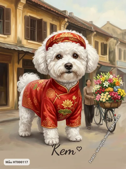 Chó Bichon trắng mặc áo dài đỏ trên phố · ảnh tranh