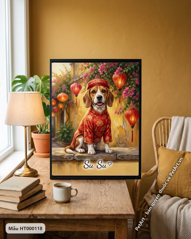 Tranh chó mèo mặc áo dài Việt Nam · Beagle