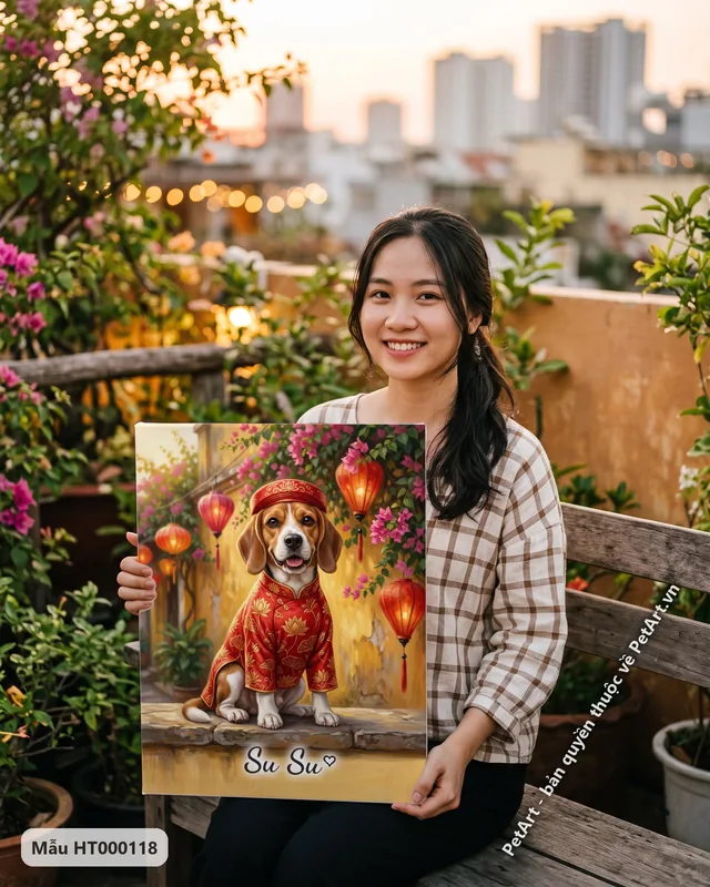 Chó Beagle mặc áo dài đỏ giữa đèn lồng · góc khác