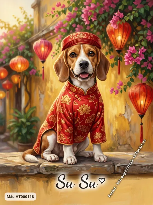Chó Beagle mặc áo dài đỏ giữa đèn lồng · ảnh tranh