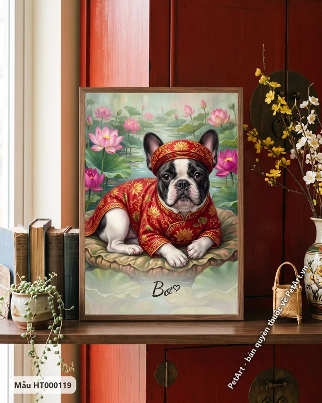 Chó Bull Pháp mặc áo dài đỏ nằm trên sen · góc khác