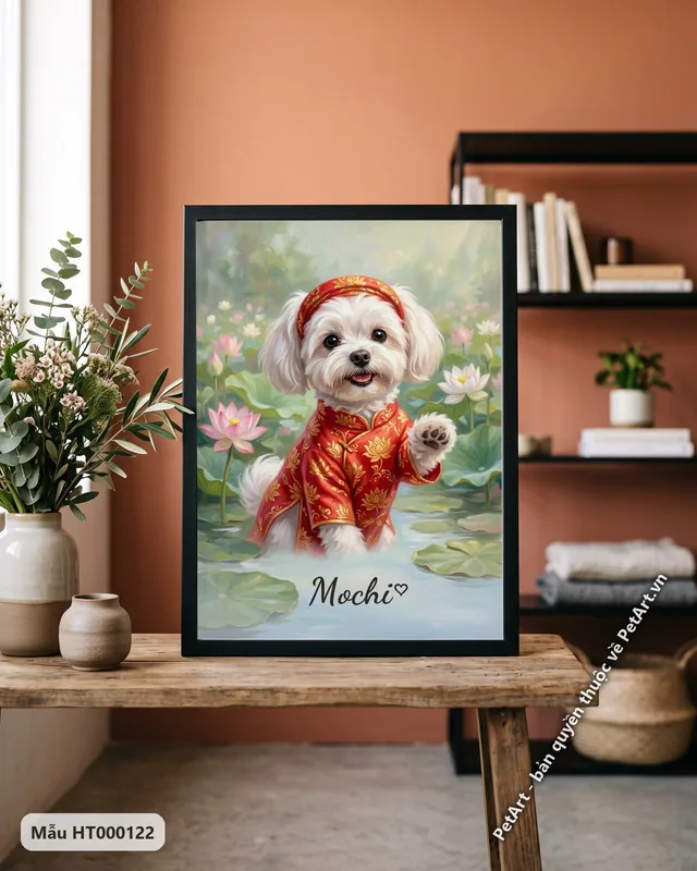Tranh chó mèo mặc áo dài Việt Nam · Maltese