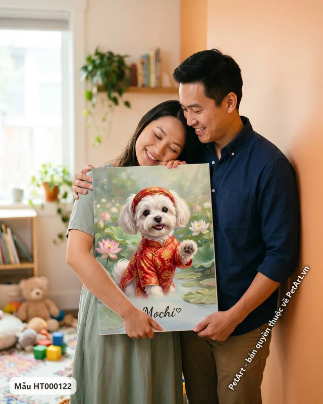 Chó Maltese trắng mặc áo dài, giữa đầm sen · góc khác