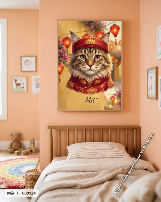 Tranh chó mèo mặc áo dài Việt Nam · mèo Maine Coon