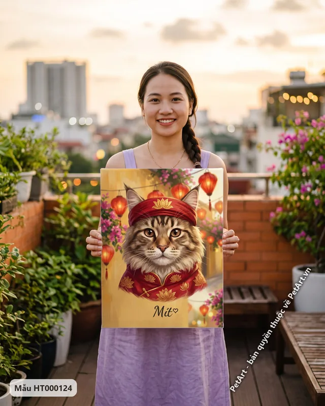 Mèo Maine Coon mặc áo dài, đèn lồng đỏ · góc khác
