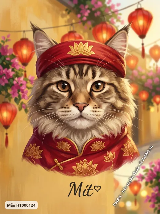 Mèo Maine Coon mặc áo dài, đèn lồng đỏ · ảnh tranh