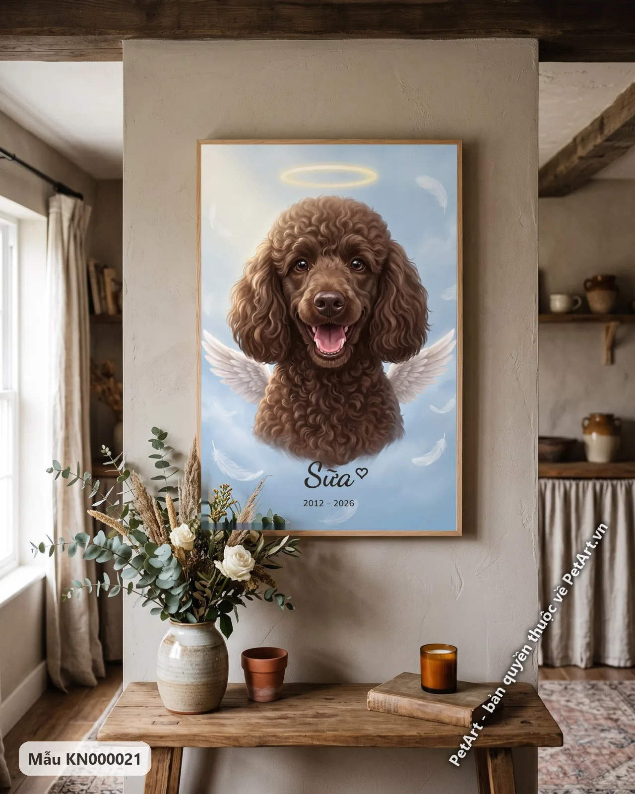 Ảnh thực tế: Chân dung chó Poodle nâu với đôi cánh trắng và vầng hào quang, bay giữa bầu trời xanh đầy lông vũ.